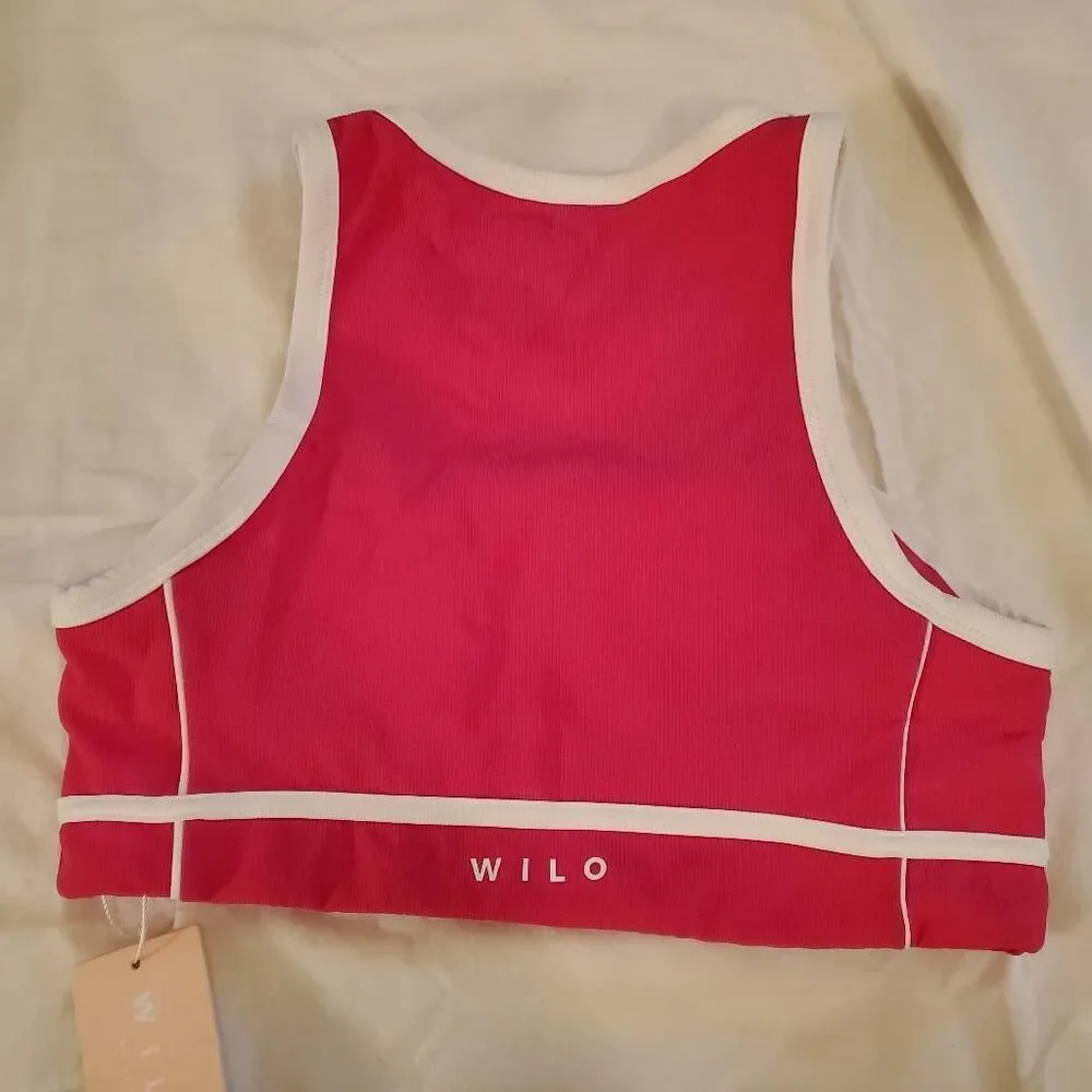 NWT. Wilo the Label. Hot Pink with white trim Sports Bra. Size Large.